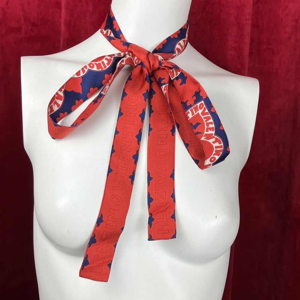 Valentino Red Blue Silk twill Scarf  bow hearts manifesto print